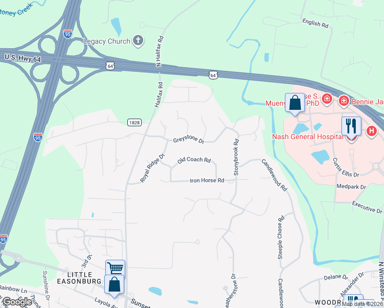 map of restaurants, bars, coffee shops, grocery stores, and more near 2925 Greystone Drive in Rocky Mount