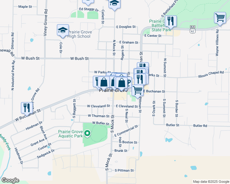 map of restaurants, bars, coffee shops, grocery stores, and more near 107 East Buchanan Street in Prairie Grove
