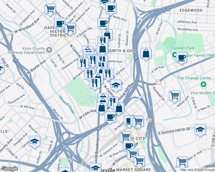 map of restaurants, bars, coffee shops, grocery stores, and more near 624 Lamar Street in Knoxville