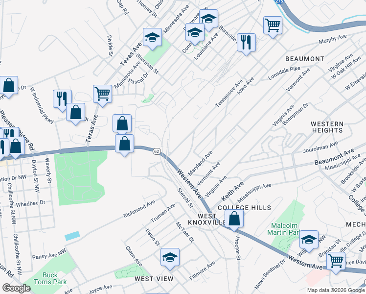 map of restaurants, bars, coffee shops, grocery stores, and more near 2140 Tennessee Avenue in Knoxville
