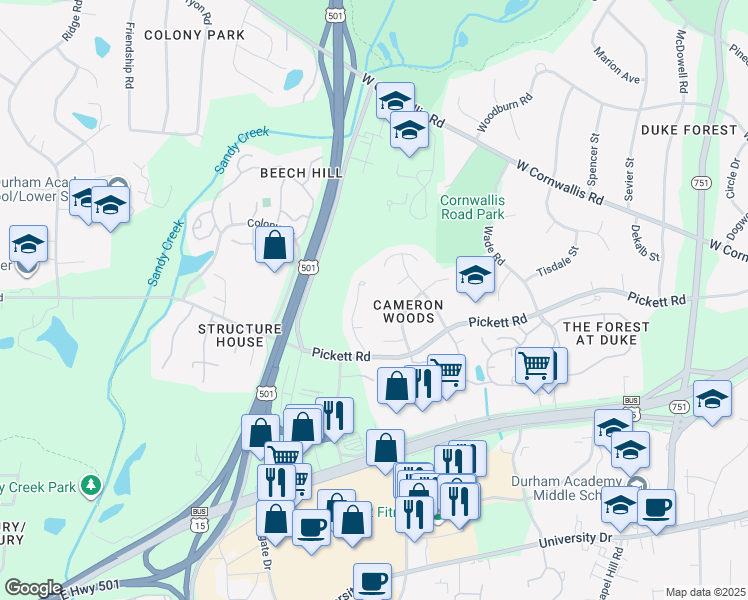 map of restaurants, bars, coffee shops, grocery stores, and more near 2912 Alderman Lane in Durham