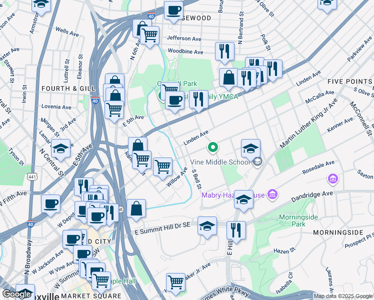 map of restaurants, bars, coffee shops, grocery stores, and more near North Bell Street in Knoxville