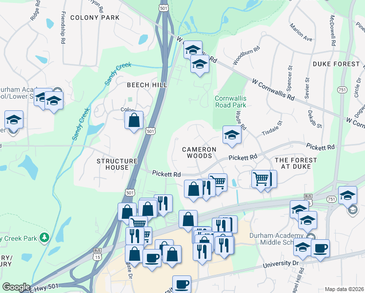 map of restaurants, bars, coffee shops, grocery stores, and more near 2912 Alderman Lane in Durham