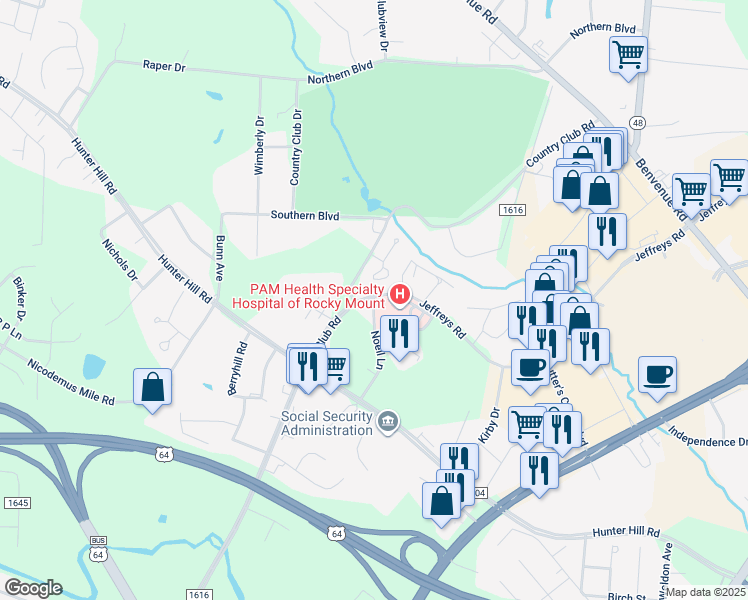 map of restaurants, bars, coffee shops, grocery stores, and more near 128 Cobblestone Ct in Rocky Mt