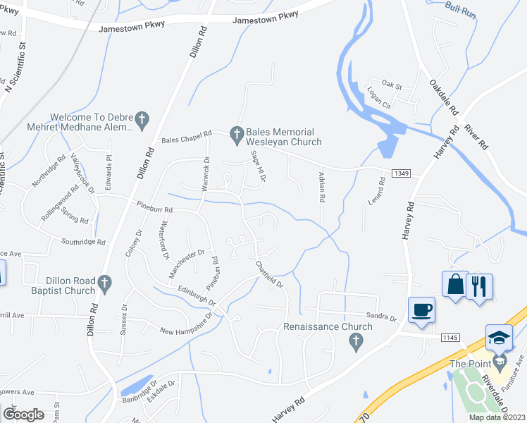 map of restaurants, bars, coffee shops, grocery stores, and more near 4015 Sherry Court in Jamestown