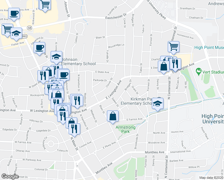 map of restaurants, bars, coffee shops, grocery stores, and more near 607 East Lexington Avenue in High Point