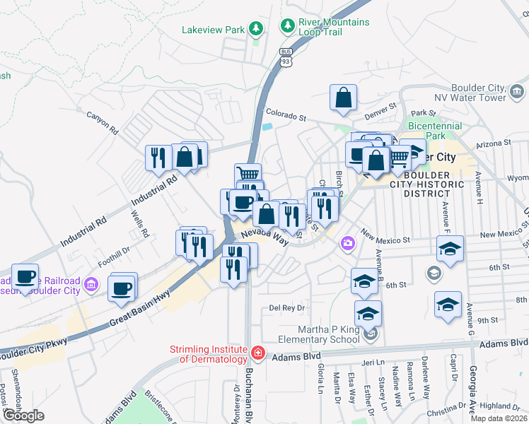 map of restaurants, bars, coffee shops, grocery stores, and more near 524 Fir Street in Boulder City