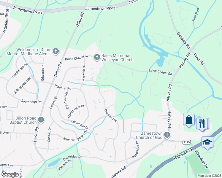 map of restaurants, bars, coffee shops, grocery stores, and more near 4019 Sherry Court in Jamestown