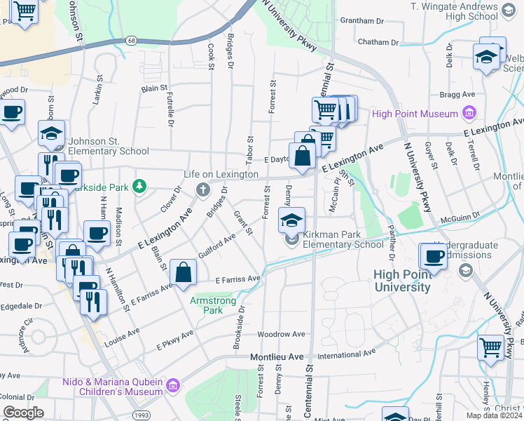 map of restaurants, bars, coffee shops, grocery stores, and more near 927 Forrest Street in High Point