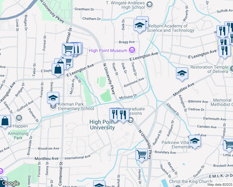 map of restaurants, bars, coffee shops, grocery stores, and more near 1012 North University Parkway in High Point
