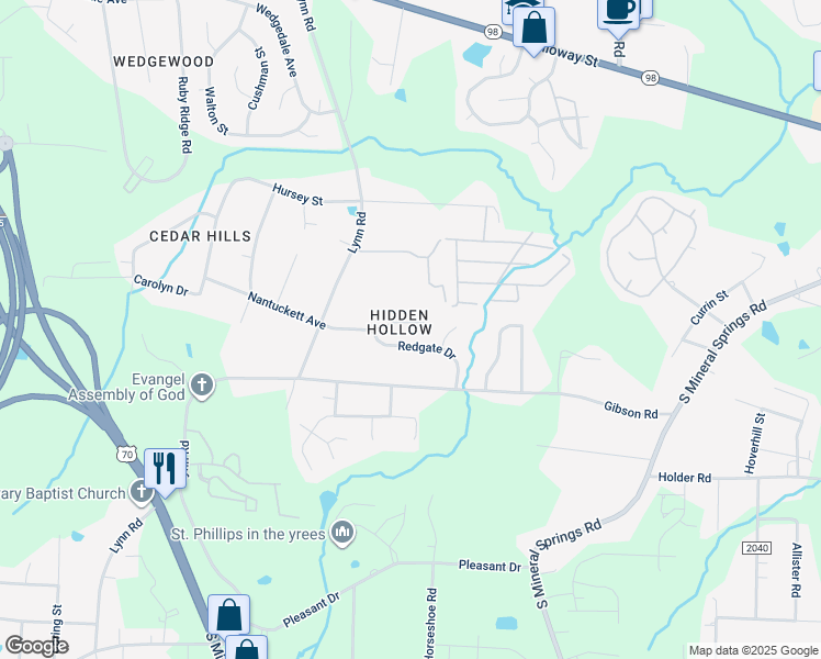 map of restaurants, bars, coffee shops, grocery stores, and more near 3318 Nantuckett Avenue in Durham