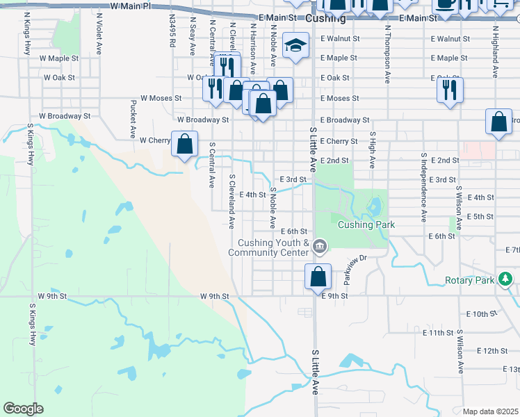 map of restaurants, bars, coffee shops, grocery stores, and more near 508 South Harrison Avenue in Cushing