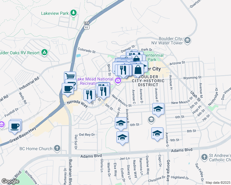 map of restaurants, bars, coffee shops, grocery stores, and more near 633 Nevada Way in Boulder City