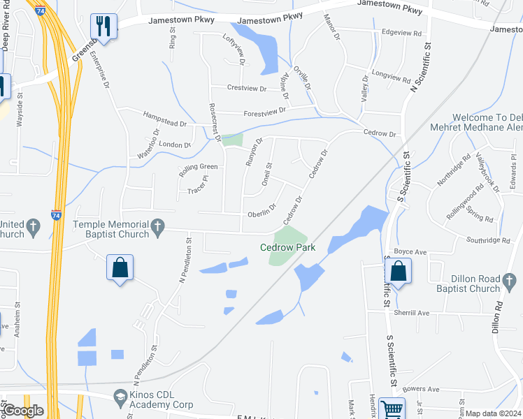 map of restaurants, bars, coffee shops, grocery stores, and more near 1707 Oberlin Drive in High Point