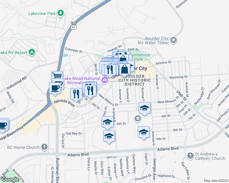 map of restaurants, bars, coffee shops, grocery stores, and more near 627 Avenue B in Boulder City