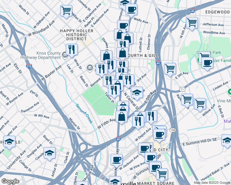 map of restaurants, bars, coffee shops, grocery stores, and more near 127 Jennings Avenue in Knoxville