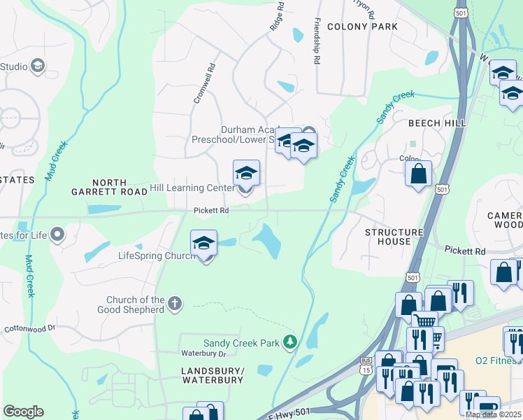 map of restaurants, bars, coffee shops, grocery stores, and more near 3200 Pickett Road in Durham