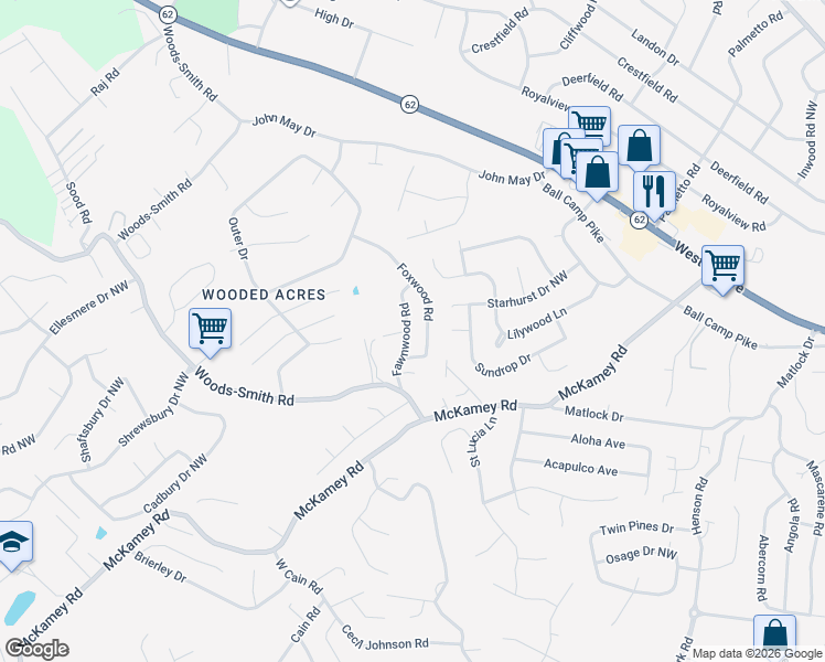 map of restaurants, bars, coffee shops, grocery stores, and more near 5304 Fawnwood Road in Knoxville