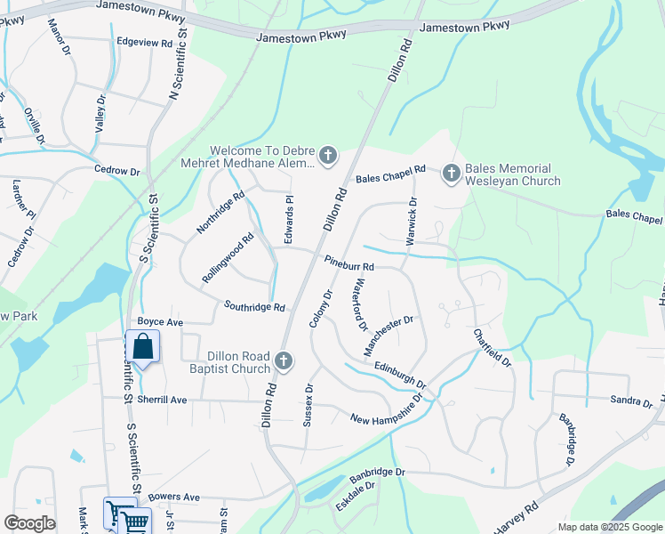 map of restaurants, bars, coffee shops, grocery stores, and more near 3215 Colony Drive in Jamestown
