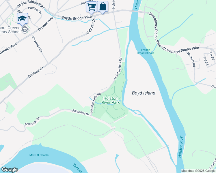 map of restaurants, bars, coffee shops, grocery stores, and more near 2120 River Willow Way in Knoxville
