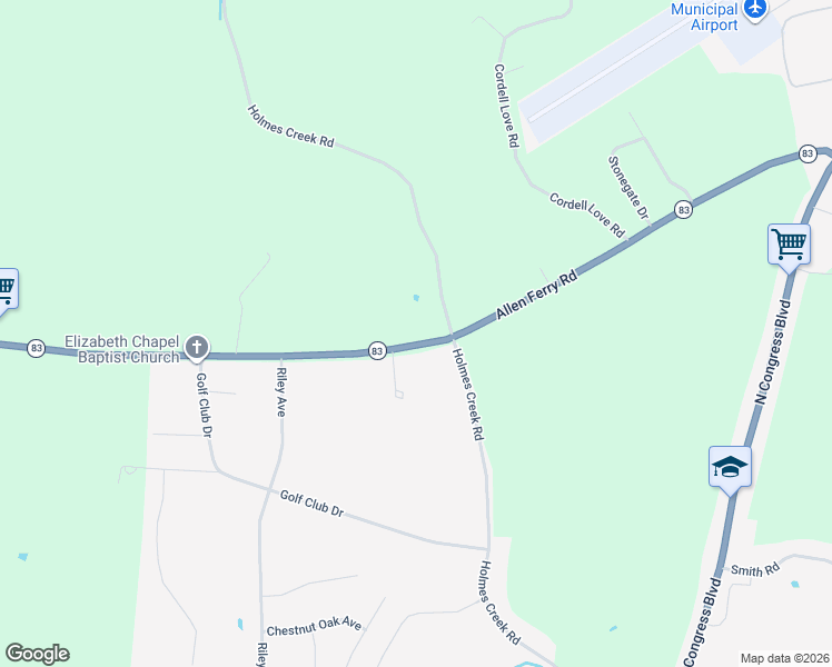 map of restaurants, bars, coffee shops, grocery stores, and more near 2309 Allen Ferry Road in Smithville