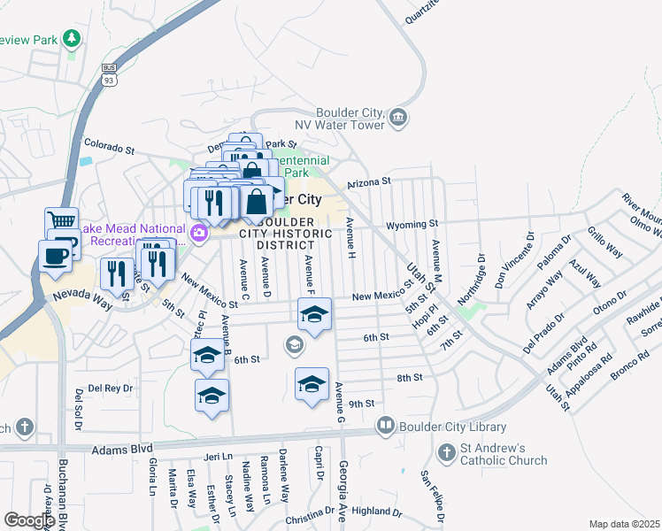 map of restaurants, bars, coffee shops, grocery stores, and more near 624 Avenue G in Boulder City