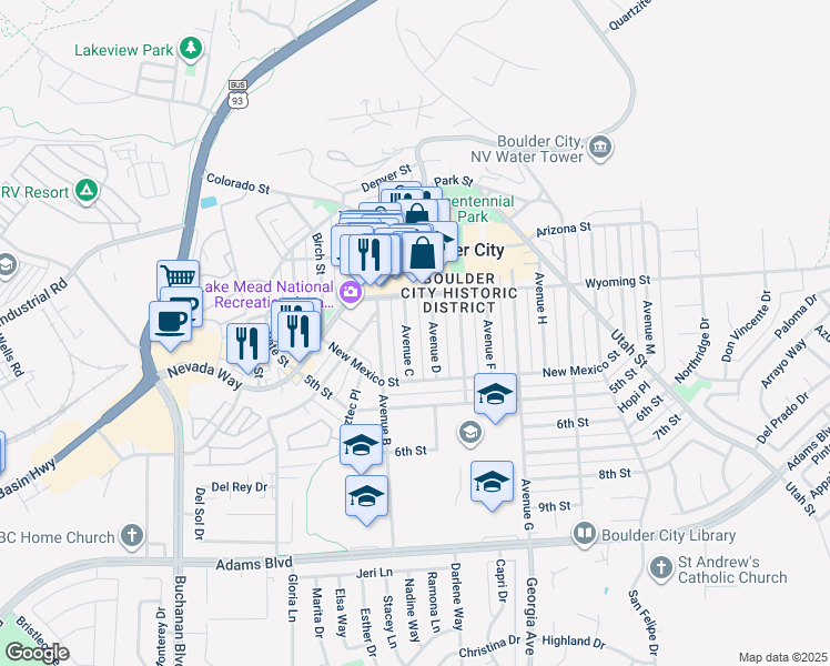 map of restaurants, bars, coffee shops, grocery stores, and more near 616 Avenue D in Boulder City