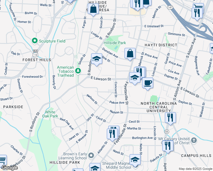 map of restaurants, bars, coffee shops, grocery stores, and more near 1900 Concord Street in Durham