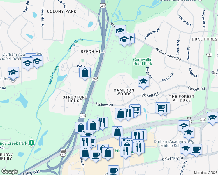 map of restaurants, bars, coffee shops, grocery stores, and more near 2822 Pickett Road in Durham