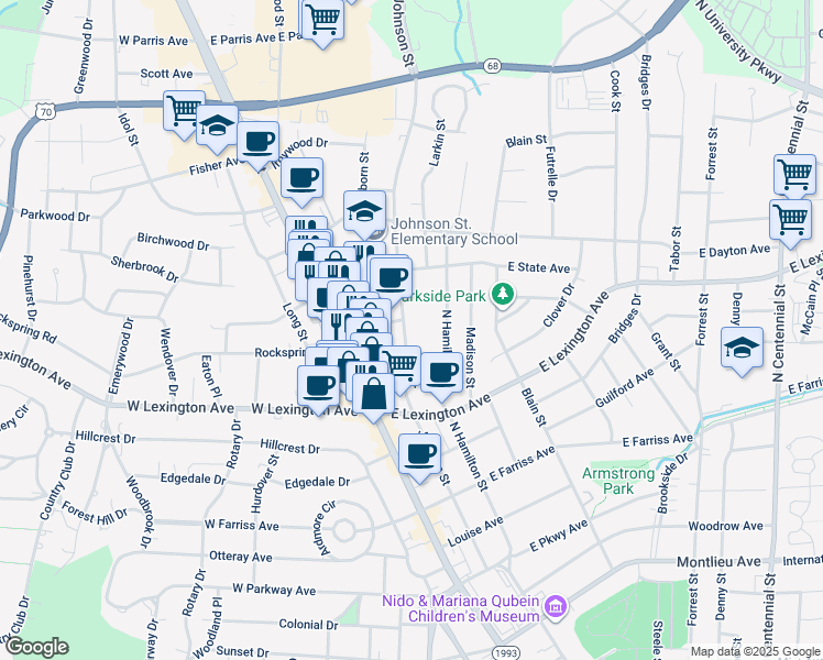 map of restaurants, bars, coffee shops, grocery stores, and more near 1424 Johnson Street in High Point