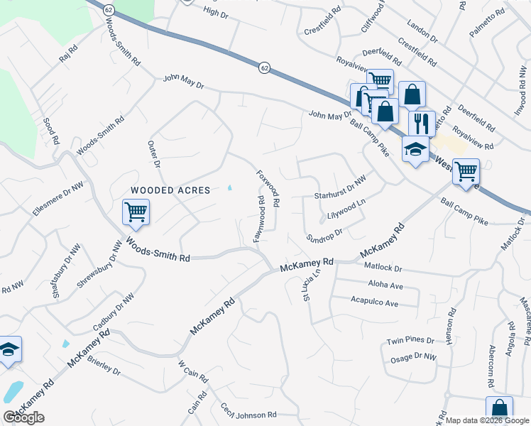 map of restaurants, bars, coffee shops, grocery stores, and more near 5304 Fawnwood Road in Knoxville