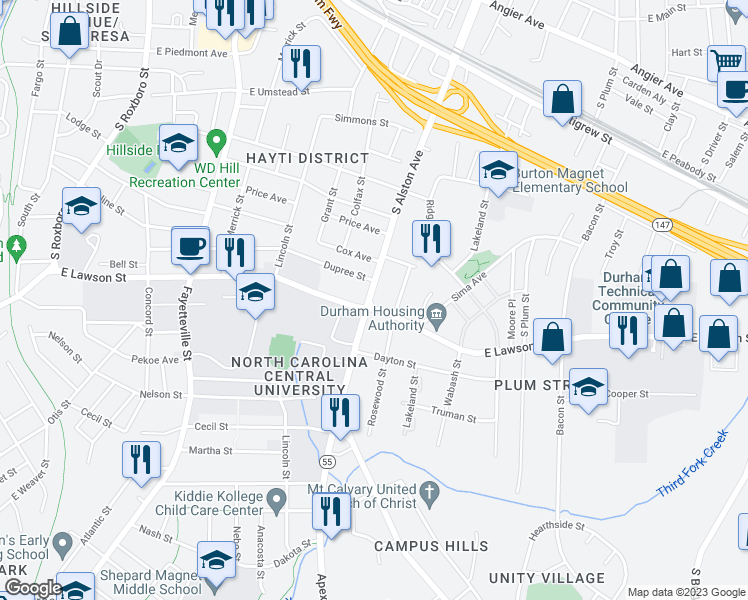 map of restaurants, bars, coffee shops, grocery stores, and more near 1207 South Alston Avenue in Durham