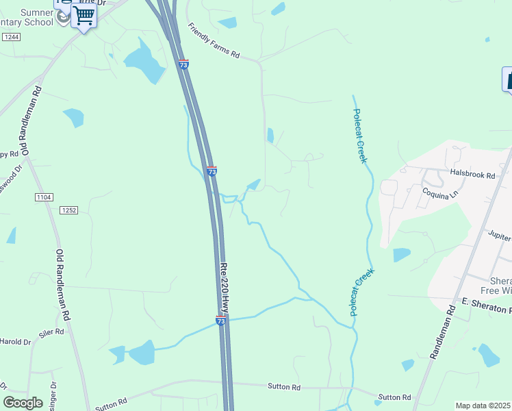 map of restaurants, bars, coffee shops, grocery stores, and more near 4990 Friendly Farms Road in Greensboro
