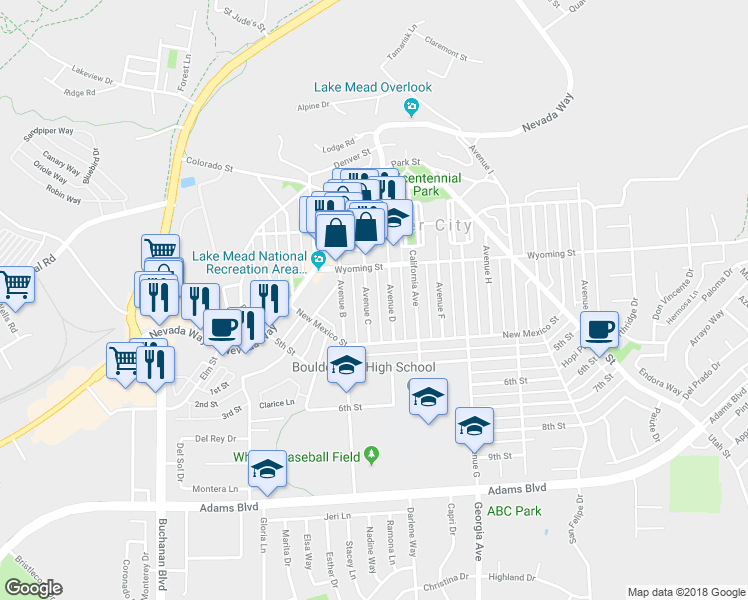 map of restaurants, bars, coffee shops, grocery stores, and more near 627 Avenue C in Boulder City
