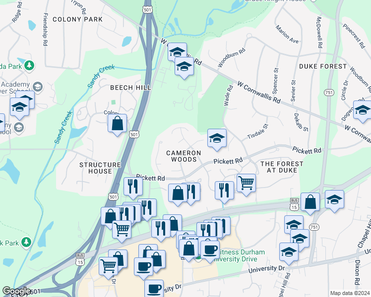 map of restaurants, bars, coffee shops, grocery stores, and more near 2808 Ashland Drive in Durham