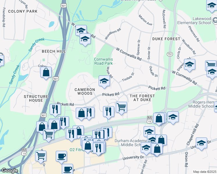map of restaurants, bars, coffee shops, grocery stores, and more near 14 Harvey Place in Durham