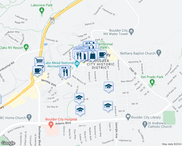 map of restaurants, bars, coffee shops, grocery stores, and more near in Boulder City