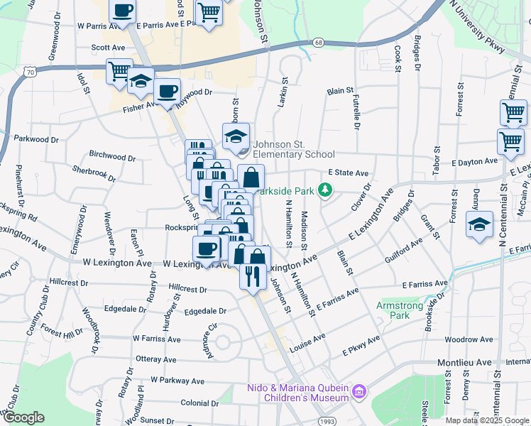 map of restaurants, bars, coffee shops, grocery stores, and more near 1424 Johnson Street in High Point