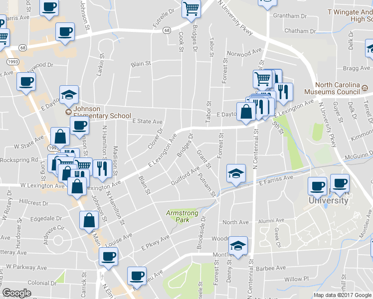 map of restaurants, bars, coffee shops, grocery stores, and more near 718 Bridges Drive in High Point