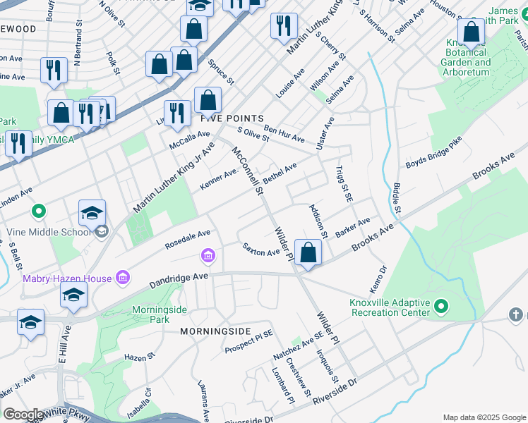 map of restaurants, bars, coffee shops, grocery stores, and more near 549 McConnell Street in Knoxville