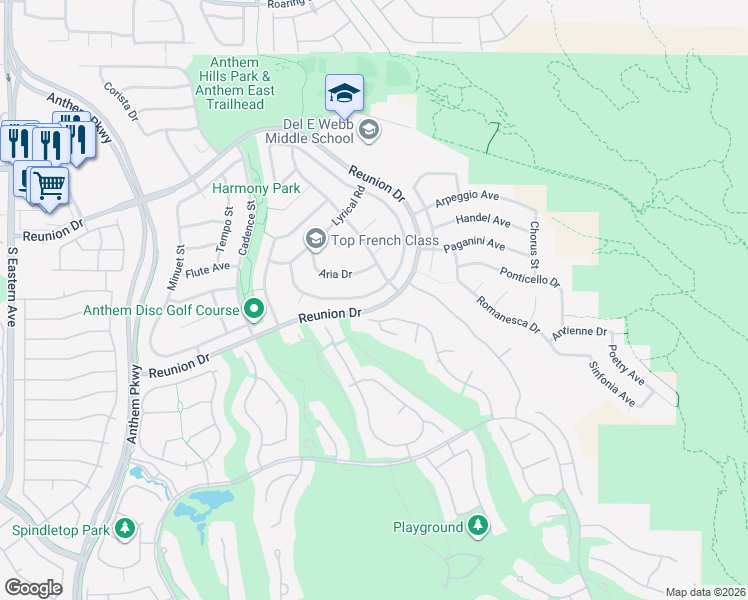 map of restaurants, bars, coffee shops, grocery stores, and more near 2224 Tedesca Drive in Henderson