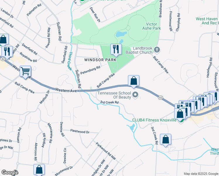 map of restaurants, bars, coffee shops, grocery stores, and more near 5000 Western Avenue in Knoxville