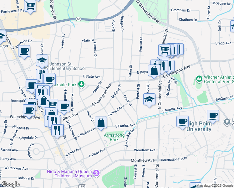 map of restaurants, bars, coffee shops, grocery stores, and more near 718 Bridges Drive in High Point