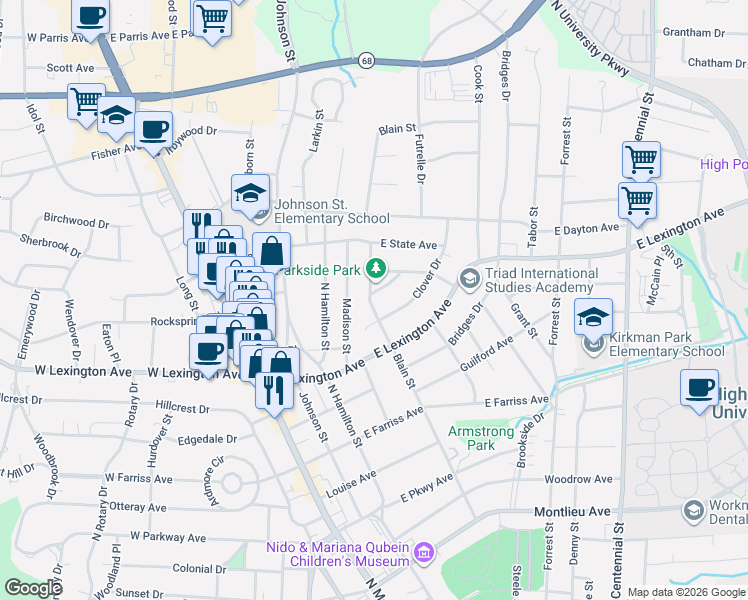 map of restaurants, bars, coffee shops, grocery stores, and more near 500 Avalon Place in High Point