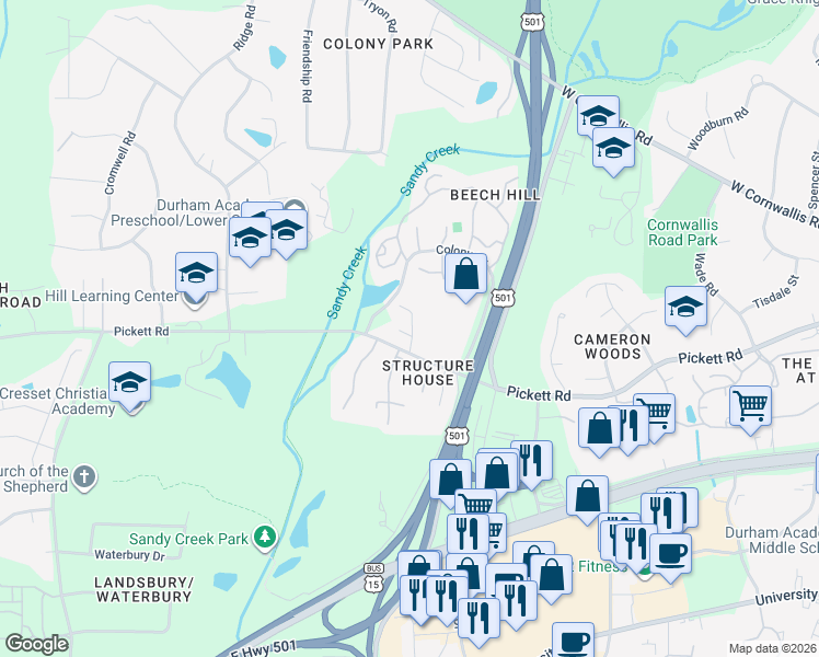 map of restaurants, bars, coffee shops, grocery stores, and more near 3016 Pickett Road in Durham