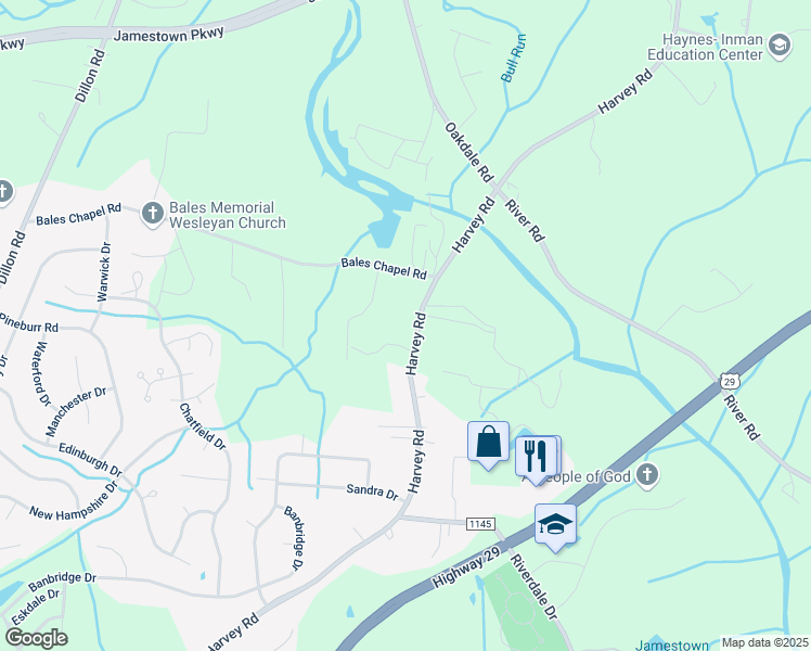 map of restaurants, bars, coffee shops, grocery stores, and more near 5010 Harvey Road in Jamestown