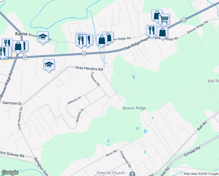 map of restaurants, bars, coffee shops, grocery stores, and more near 2618 Tsawasi Road in Knoxville