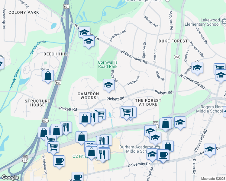 map of restaurants, bars, coffee shops, grocery stores, and more near 14 Harvey Place in Durham