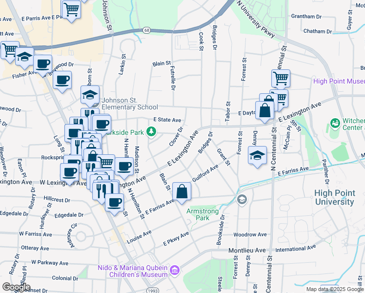 map of restaurants, bars, coffee shops, grocery stores, and more near 609 East Lexington Avenue in High Point