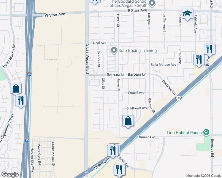 map of restaurants, bars, coffee shops, grocery stores, and more near 57 Foxworth Court in Las Vegas